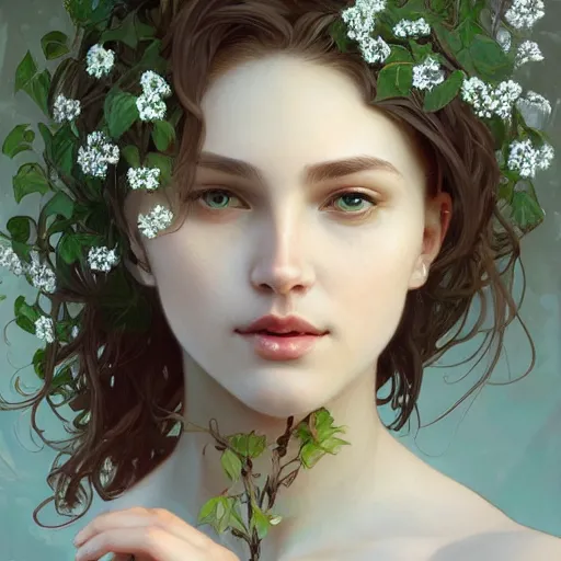 Image similar to A gorgeous young woman plant hybrid, vine and plants and flowers, intricate, digital painting, highly detailed, concept art, Artstation, Cgsociety, Artgerm, Alphonse Mucha, Wlop