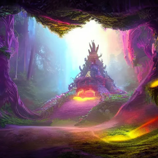 Image similar to Alien temple in a forest, light rays, colorful, fantasy sparkling magic fires, particles, exploration, incredible detail, professional composition, digital art, 4K