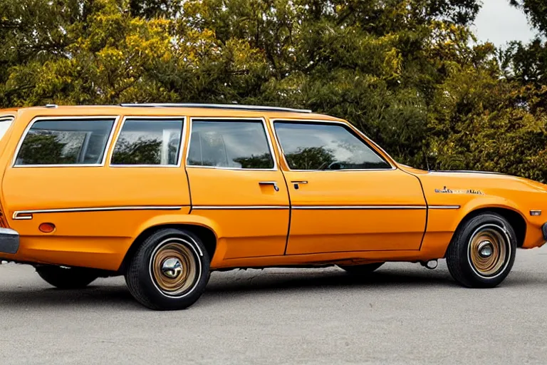 Image similar to 1 9 7 3 ford pinto stationwagon, yellow - orange color, wide - angle lens, dramatic lighting, cool marketing photo