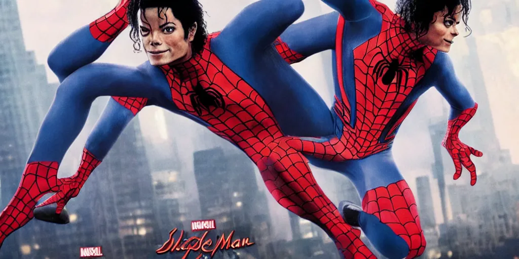 Image similar to Michael Jackson Bad 1980s wears a Spider-Man costume without a mask, Sony, michael jackson movie poster, MCU, Marvel, ultra realistic, 4K, movie still, UHD, sharp, detailed, cinematic, render, modern