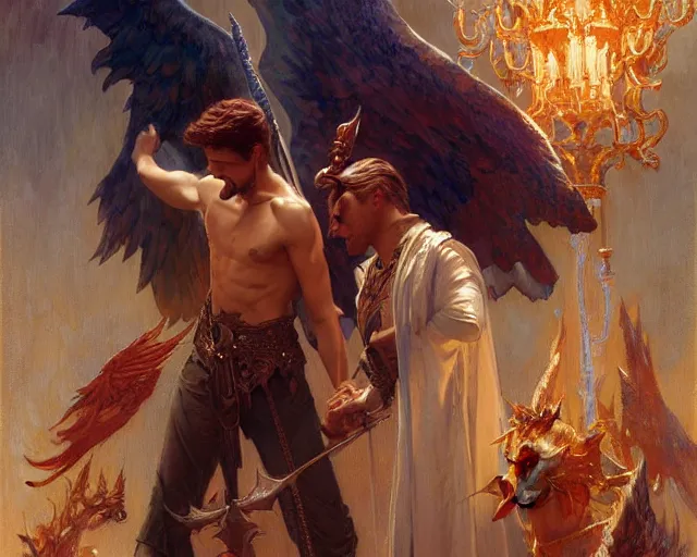 Image similar to attractive lucifer morningstar casting illusion over attractive mortal man. highly detailed painting by gaston bussiere, craig mullins, j. c. leyendecker 8 k