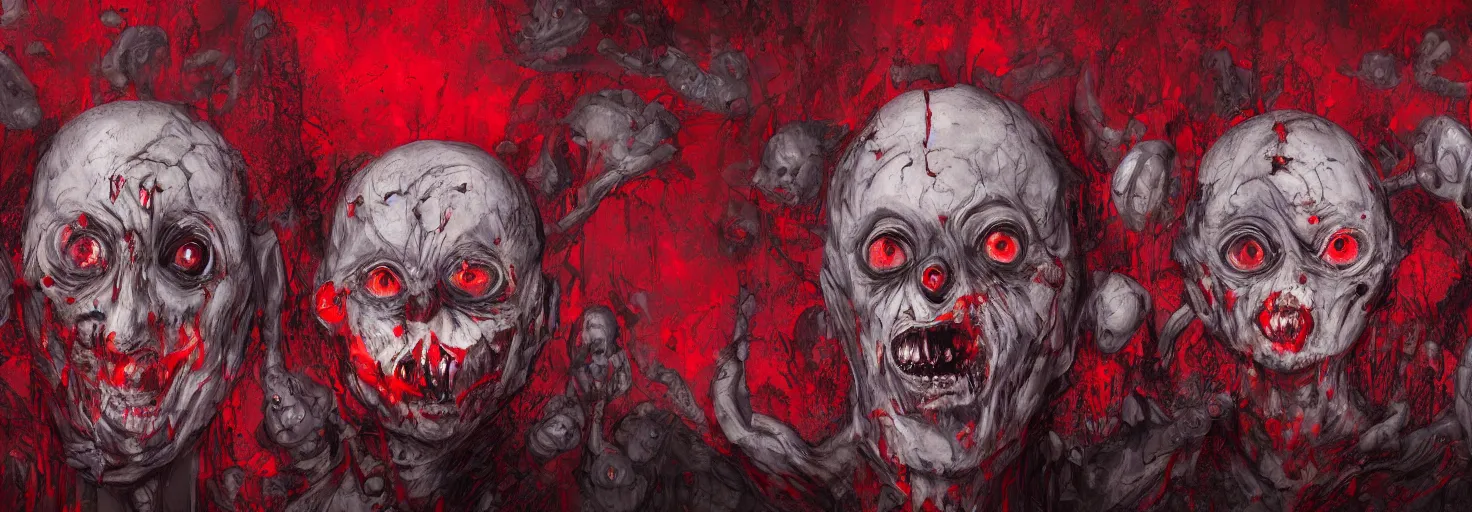 Image similar to ''creepy faces, void, souls, red background, creepy art, horror, artwork, digital paintting, nightmare, ultra detailed, concept art, 8 k, high quality''