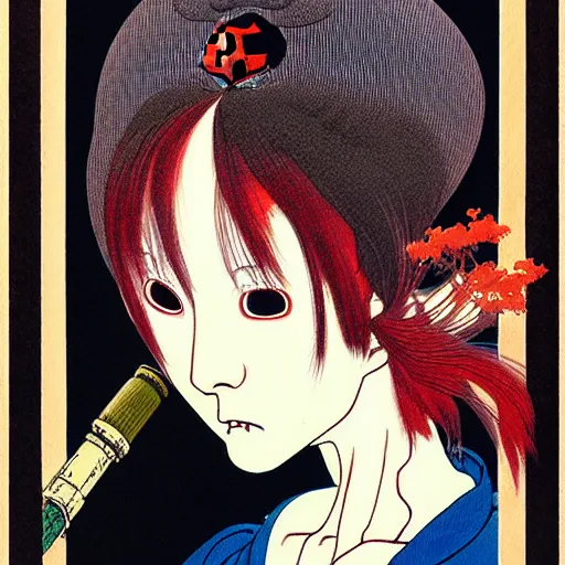 Image similar to prompt : portrait of yokai character painted in miyazaki color style drawn by katsuhiro otomo and takato yamamoto, inspired by fables, china doll face, smooth face feature, intricate oil painting, high detail, sharp high detail, manga and anime 2 0 0 0