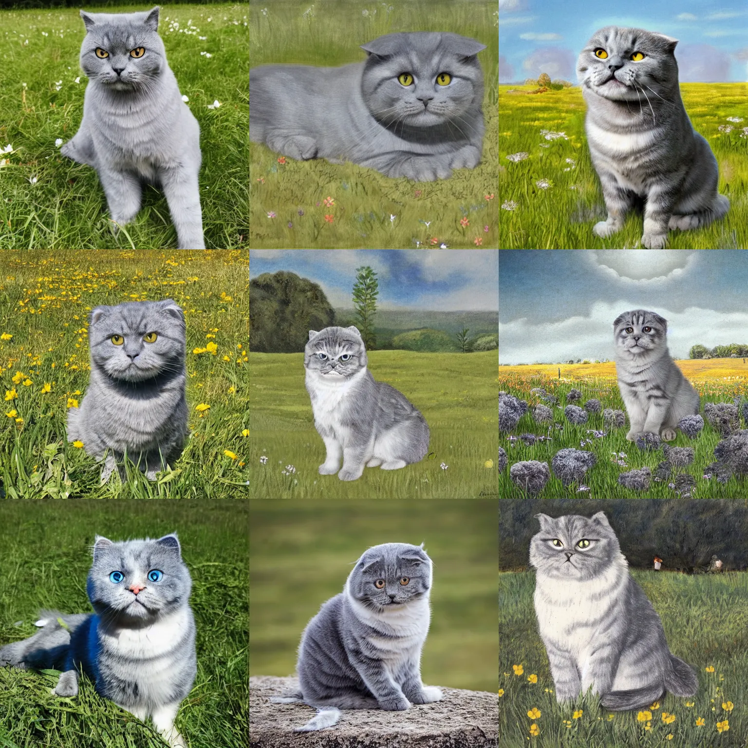 Prompt: a gray scottish fold sitting in the middle of sunny meadow, by amadeo de souza cardoso