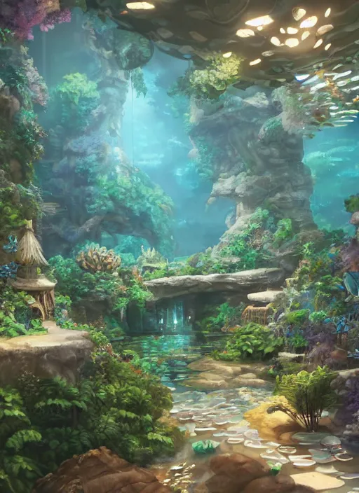 Image similar to an underground aquarium corridor with people observing lots of beautiful fish, fantastic space, water droplets, highly detailed, artstation trend, highly detailed and intricate, studio ghibli, makoto shinkai, no blur, photography, unreal engine 5