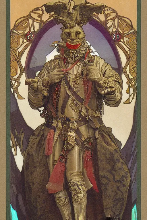 Prompt: oil painting of a stone gargoyle dressed as 17th century british nobility by mucha and mohrbacher