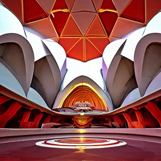 Image similar to futuristic lotus temple space station with gold, red and white marble panels, by buckminster fuller and syd mead, intricate contemporary architecture, photo journalism, photography, cinematic, national geographic photoshoot