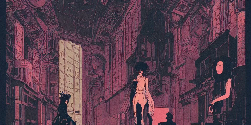 Prompt: a risograph of a retro horror vintage sci - fi, 2 d matte gouache illustration, gigantic woman, ornate, detailed, dramatic, ominous, painting by moebius and satoshi kon