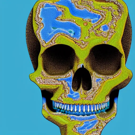 Prompt: hyperrealistic landsat image of a river flowing in the shape of a skull, detailed, 4k, vector, contrasting colors, award winning, false colors