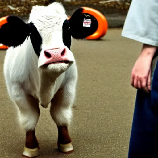 Prompt: mugshot of a cute sad calf dressed as an inmate