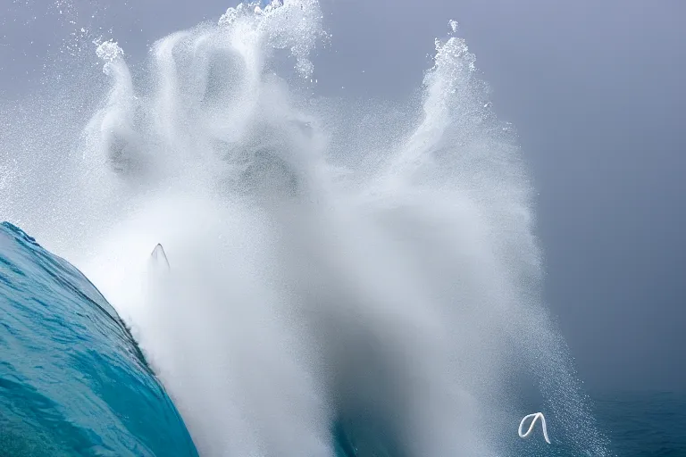 Image similar to underwater photography of a gigantic white octopus jumping a wave at nazare