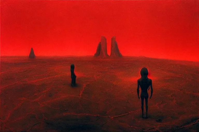 Image similar to only with red, red god of death eat apple, a futuristic city on mars in the background, an ancient path, in the style of beksinski, part by hopper, part by rodcenko, part by hofbauer, intricate composition, red by caravaggio, insanely quality, highly detailed, masterpiece, red light, artstation, 8 k