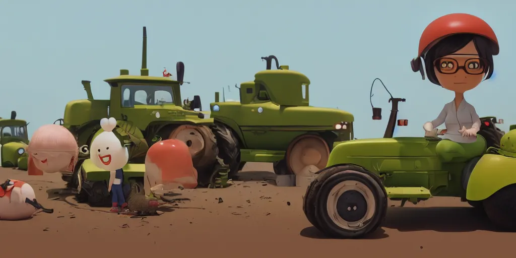 Image similar to tina belcher, cute cartoon little tractor pulling away the russian tank, cinematic, goro fujita, chiho aoshima, beeple, trending on artstation, highly detailed, scene from a movie, soft lighting, 8 k