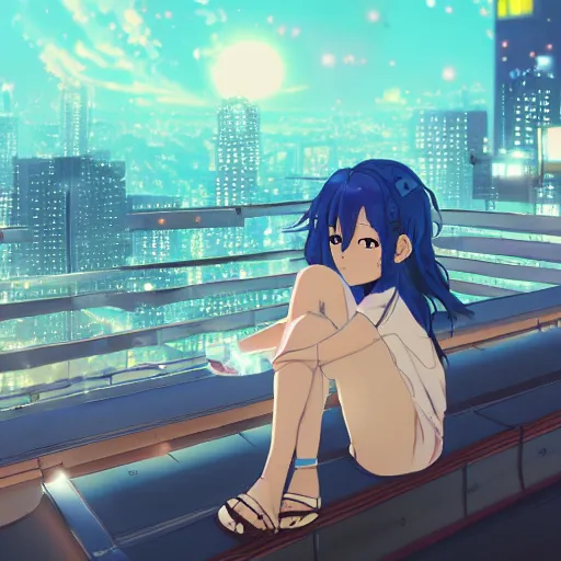 Image similar to beautiful anime painting of a woman with dark - blue hair sitting on a rooftop in a cyberpunk city, nighttime, by makoto shinkai, kimi no na wa, artstation, atmospheric, high detail