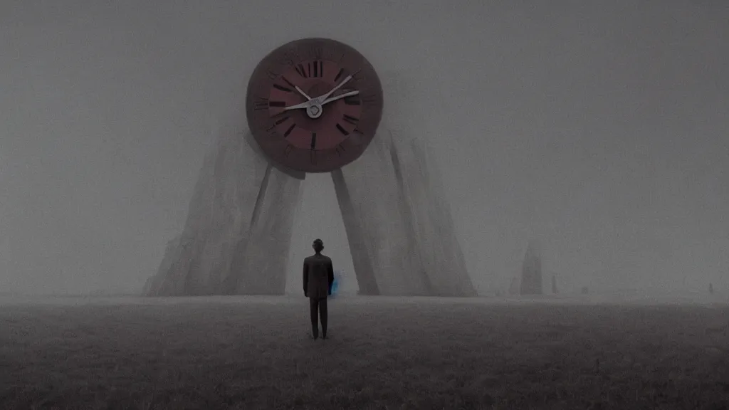 Image similar to the giant clock tells me when to die by Zdzisław Beksiński, film still, cinematic, 8k