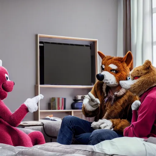 Prompt: a fursuiters in the living room having a heated debate about what show to play on Netflix