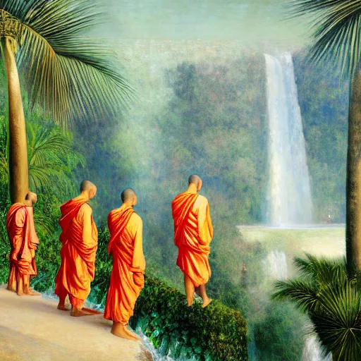 Image similar to a ultradetailed beautiful painting of monks standing in front of the diamonds waterfall in the amazonas palace balustrade designed by jules bastien - lepage, tarsila do amaral, frank weston and gustave baumann, beach, trending on artstation, mediterranean, palm trees, sharp focus, soft light, 8 k 4 k