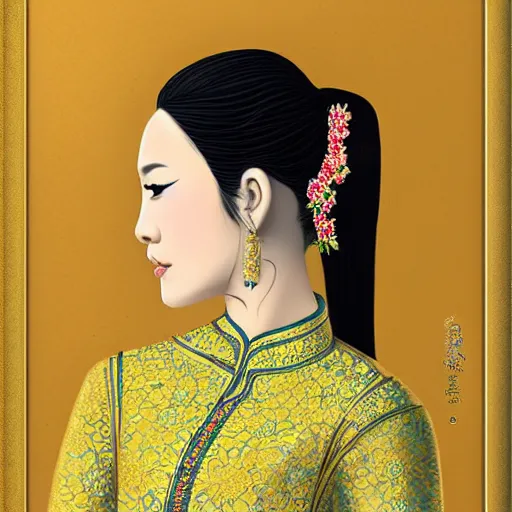 Prompt: portrait of a beautiful vietnamese woman wearing vietnamese ao dai, intricate, detailed, symmetric face, by wlop