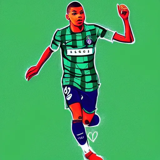 Prompt: kylian mbappe dressed with the betis football team shirt in the benito villamarin, 4 k, high contrast colors, hyper detailed!!, super fine inking lines