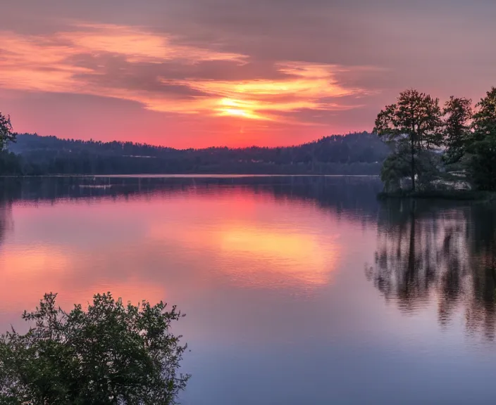 Image similar to 4 k hd, high detail photograph of sunset over the lake, shot with sigma f / 4. 2, 2 5 0 mm sharp lens, wide shot, consistent, volumetric lighting, high level texture render