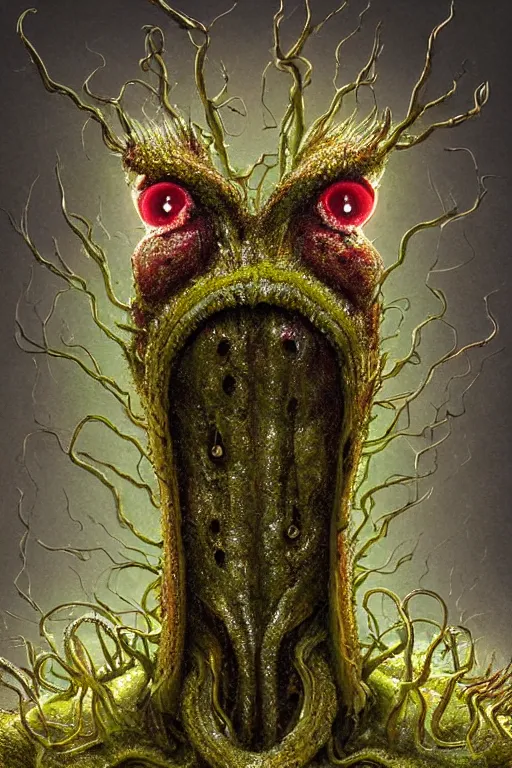 Prompt: portrait of a mutant carnivorous plant robot, intricate, Drosera capensis, dystopian, eyelashes as snap traps of Dionaea muscipula, extremely detailed, digital painting, sculpted in zbrush, artstation, concept art, smooth, sharp focus, illustration, chiaroscuro lighting, golden ratio, rule of thirds, fibonacci, incredible art by Stanley Artgerm Lau and Greg Rutkowski, composition by mike mignola and Simon Stalenhag,