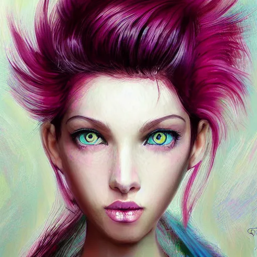 Prompt: A portrait of a girl, white skin, turquaz eyes, symetrical face structure, Wlop painting style, Long magenta haire, Ross Draws, Peter Xiao