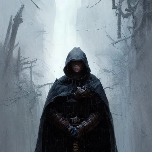 Image similar to portrait of a small pale cowardly man wearing dark hood, fantasy artwork, high fantasy, by greg rutkowski