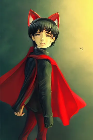 Image similar to little boy with cat ears in an black outfit with red cape. digital artwork made by lois van baarle and kentaro miura and marc simonetti, sharpness focus, inspired by hirohiko araki, anatomically correct, heroic composition, hero pose, smooth