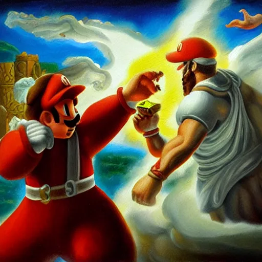 Prompt: mario fighting zeus, style of myth, oil painting