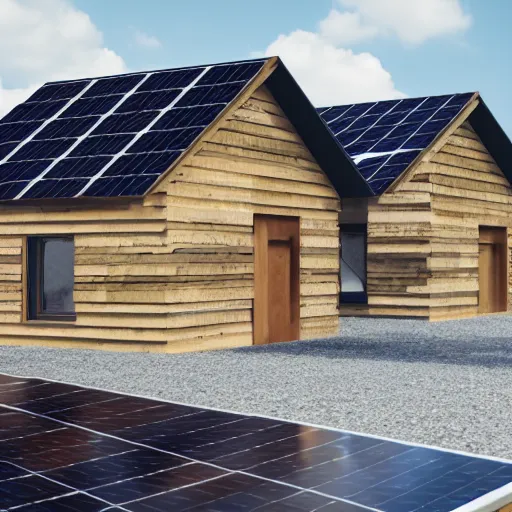 Image similar to two buildings next to a pile of wood and some solar panels floating on the roof, octane render
