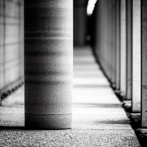 Prompt: photograph of a woman hiding behind a cement pillar, in an underground liminal space, sigma 85mm f/1.4, 4k, depth of field, high resolution, 4k, 8k, hd, full color