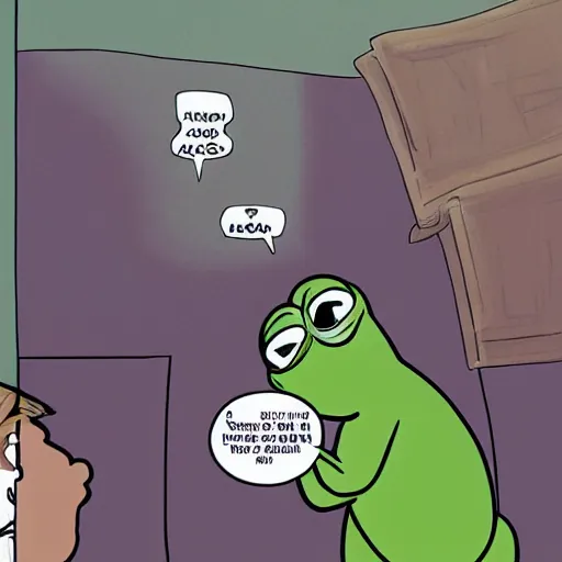 Image similar to pepe the frog having a talk with Donald Trump, ultra realistic