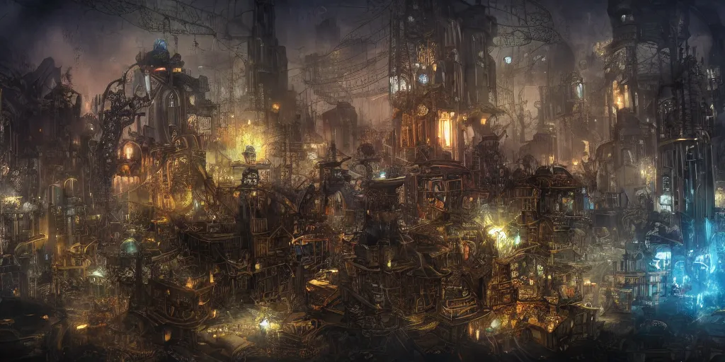 Image similar to Landscape imagery of a crime ridden city mixed of technology and magic, wizards and machines, steampunk, dungeons and dragons, artificer, 8k, realistic