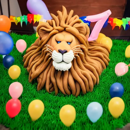 Image similar to award winning nature photography, a scenic picture of a birthday cake surrounded by lions. balloons are in the background. lion birthday party setting. extremely detailed lions. hyperrealistic, 8 k