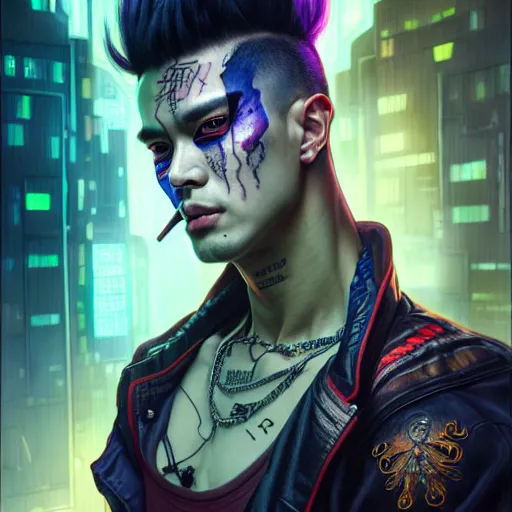 Image similar to portrait painting of a cyberpunk jackson wang with a z tattooed on his forehead, ultra realistic, concept art, intricate details, eerie, highly detailed, photorealistic, octane render, 8 k, unreal engine. art by artgerm and greg rutkowski and magali villeneuve and alphonse mucha