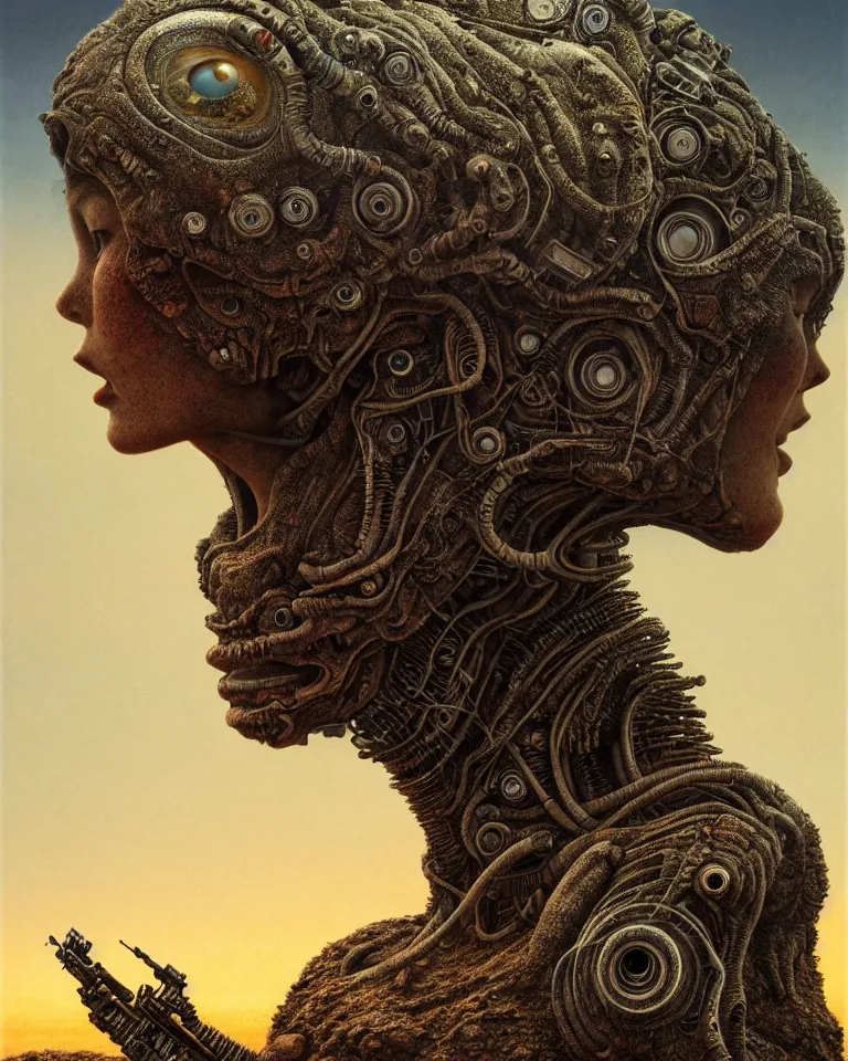 Image similar to ultra realist intricate detailed portrait of a single rugged attractive female on an alien landscape, insanity, accurate features, apocalyptic, very intricate details, 8 k resolution, dim lighting, volumetric lighting, artstyle zdzisław beksinski and keith thompson, award winning