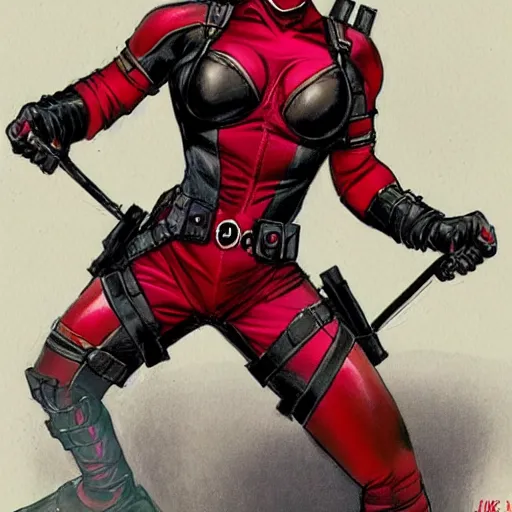 Prompt: Lucy Liu as Deadpool full body concept art, by Simon Bisley