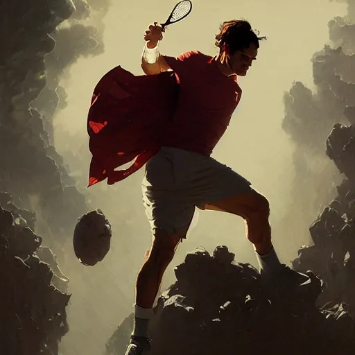 Prompt: roger federer as a hero, picture by greg rutkowski, dynamic pose, intricate, futuristic, fantasy, elegant, by stanley artgerm lau, greg rutkowski, thomas kindkade, alphonse mucha, loish, norman rockwell,