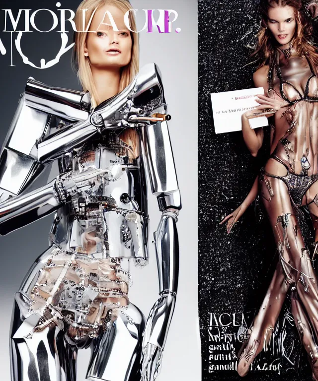 Image similar to a liquid metal robot is holding a fashion magazine and the magazine shows victoria's secret model and robot's head is partially moprhed into the model, realistic, 4 k