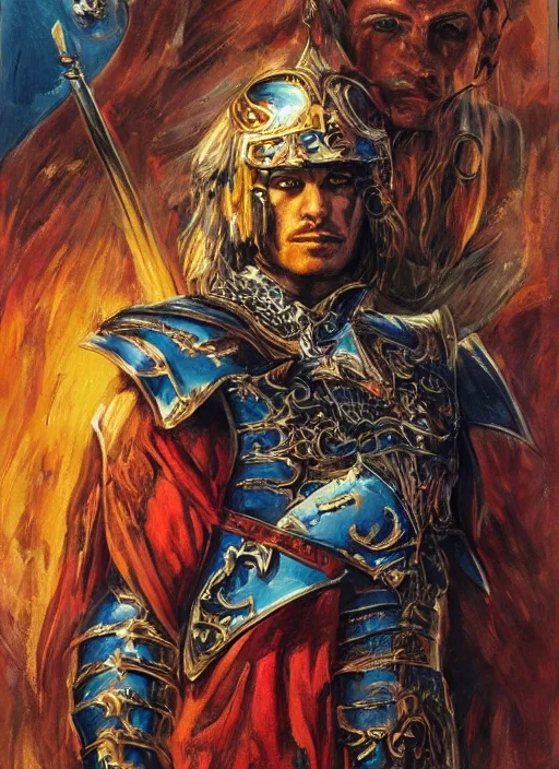 Prompt: a detailed and vibrant portrait painting inspired by esteban maroto of an epic powerful paladin wearing a full metal plate armor and holding a sword