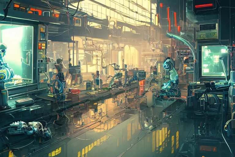 Image similar to detailed robot repair shop, broken robot on ground, broken parts, androids, science-fiction, cyberpunk, neon lights, mist, cables, computer screens, girl working, windows, epic scene, 8k, illustration, art by ghibli and moebius