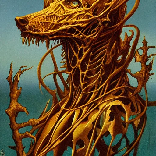 Prompt: portrait of a golden skeletal beast, by Gerald Brom