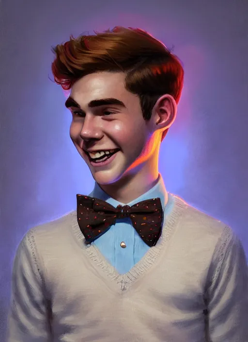 Image similar to portrait of teenage archie andrews, freckles, curly middle part haircut, curly hair, middle part hairstyle, smiling kindly, wearing a bowtie and sweater vest, intricate, elegant, glowing lights, highly detailed, digital painting, artstation, concept art, smooth, sharp focus, illustration, art by wlop, mars ravelo and greg rutkowski