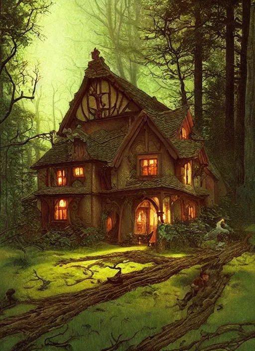 Image similar to hyper realistic homely witch cottage rococo in the woods gorgeous lighting, highly detailed, lush forest painting by norman rockwell, james gurney zdzisław beksinski and norman rockwell and greg rutkowskiweta studio