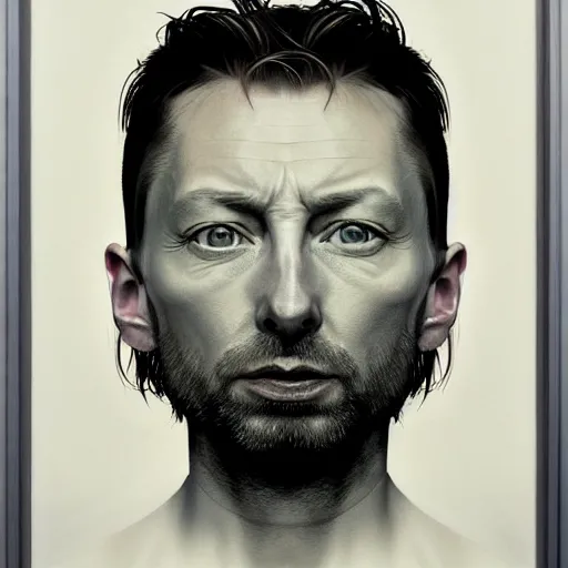 Image similar to hyper realistic portrait of cleanshaven thom yorke short haired variations singer songwriter ok computer, ( side ) profile, liminal space, by lee bermejo, alphonse mucha and greg rutkowski