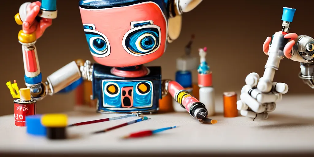 Image similar to closeup portrait of tin toy retro robot painter mixing gouache on white paper table in an artist workshop, depth of field, zeiss lens, detailed, centered, fashion photoshoot, by nicoletta ceccoli, mark ryden, lostfish, breathtaking, 8 k resolution, extremely detailed, beautiful, establishing shot, artistic, hyperrealistic, octane render