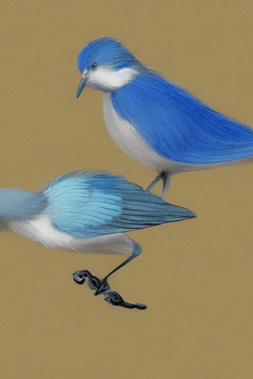 Prompt: meticulous painting, A small, delicate bird with pale blue plumage and long, skinny legs. It is hopping on the ground, searching for food. The background is a beautiful blue sky on a autumn day. by xue ji, bian luan