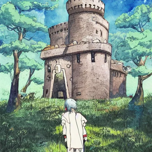 Image similar to laputa castle in the sky robot hayao miyazaki stands in a small clearing among trees, watercolor illustration for a book