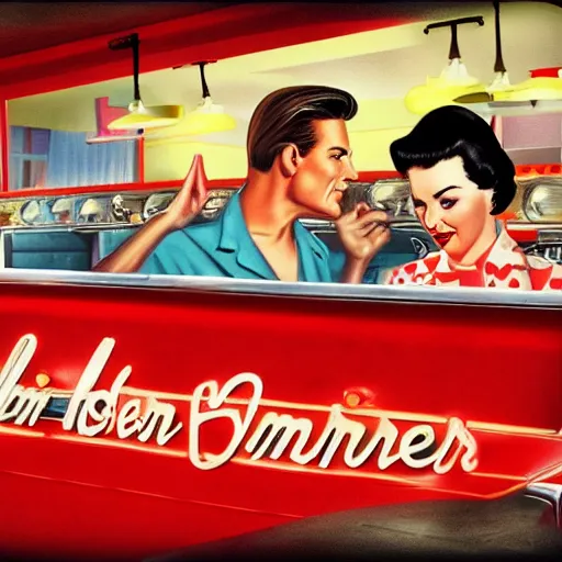 Image similar to a 1950’s American diner. All the customers are former celebrities. Tom cruise is a waitress. Digital art, 8K