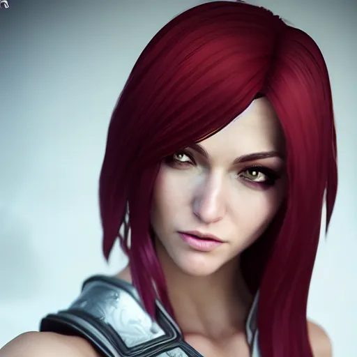 Image similar to Katarina from League of Legends, photorealistic studio portrait, studio lighting, unreal engine 5, hyperrealistic, dynamic lighting, white ambient background, realistic, highly detailed